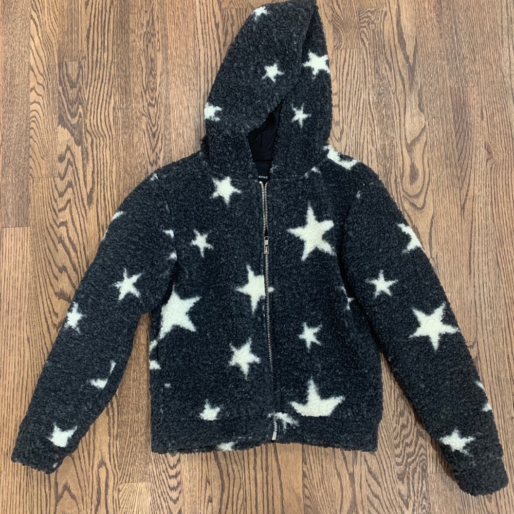 Olivaceous Black Sherpa Zip Hoodie with White Star Print